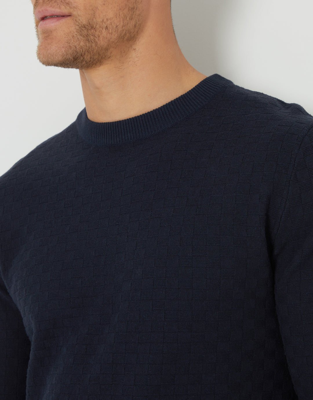 Navy Textured Knit Crew Neck Jumper