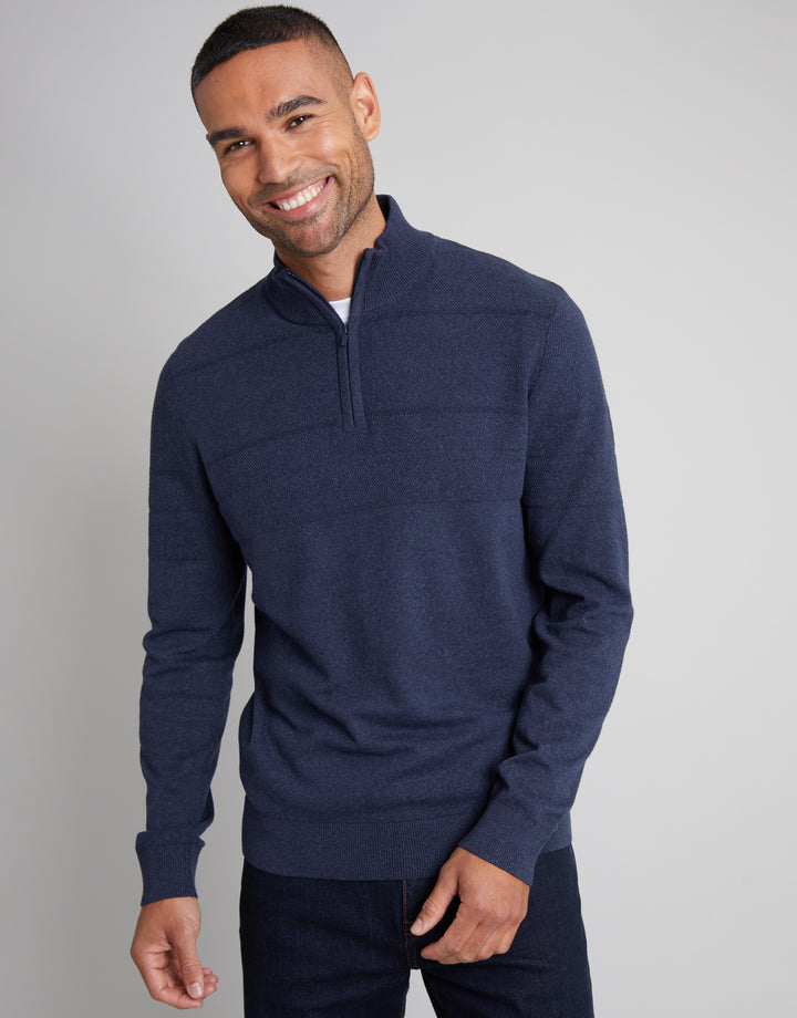 Navy Marl Textured Stripe Detail Quarter Zip Jumper