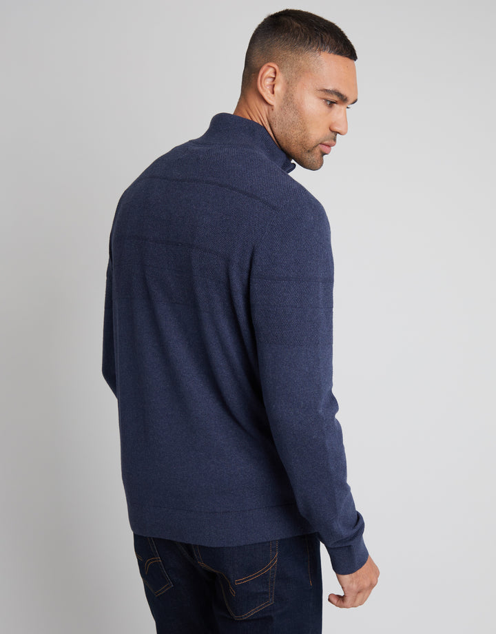 Navy Marl Textured Stripe Detail Quarter Zip Jumper
