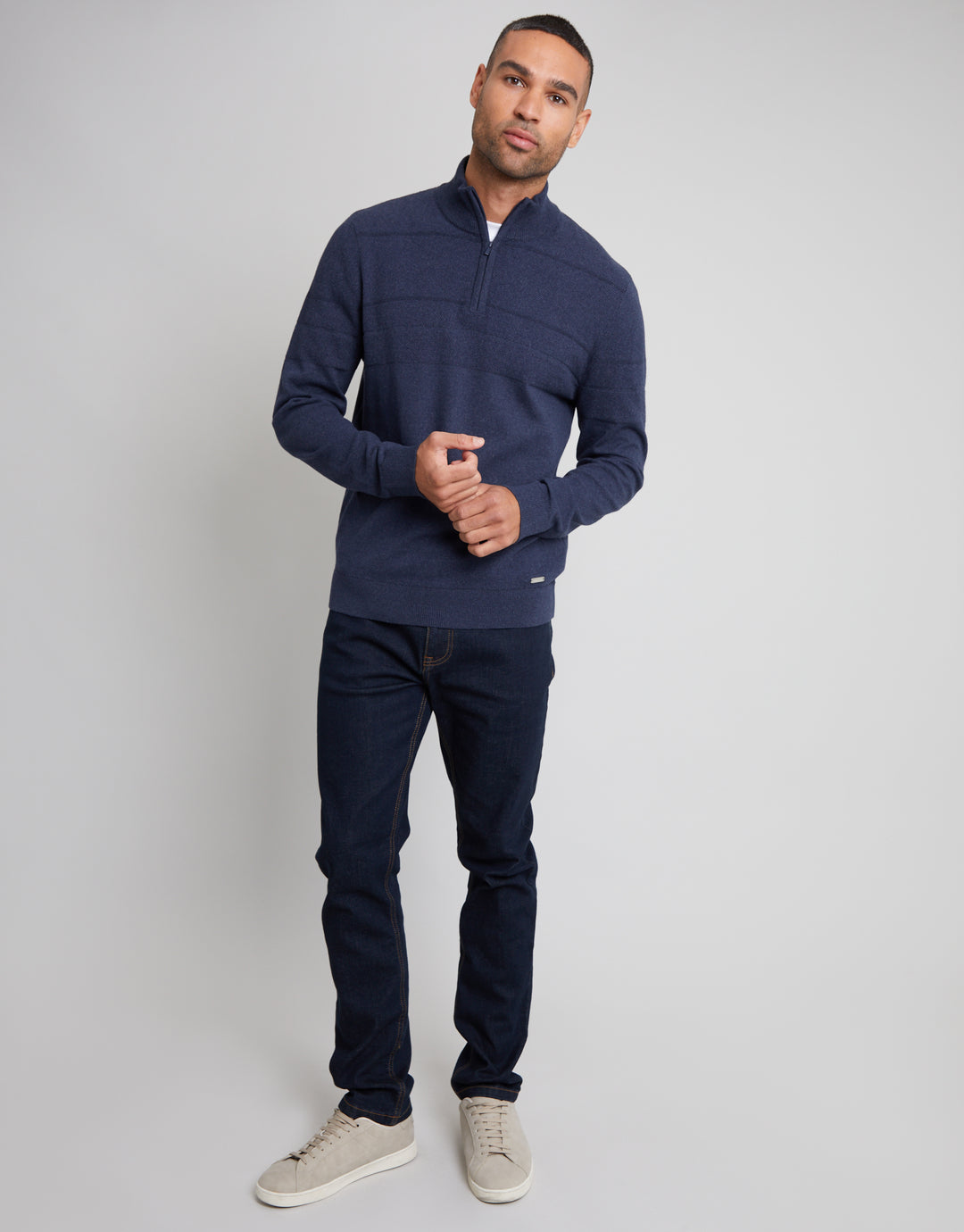 Navy Marl Textured Stripe Detail Quarter Zip Jumper