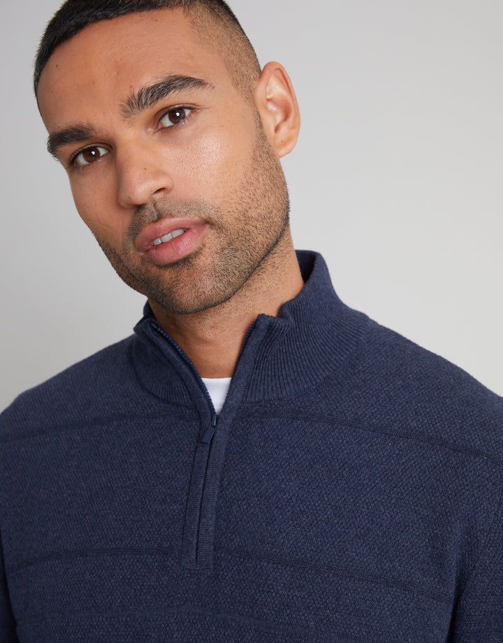 Navy Marl Textured Stripe Detail Quarter Zip Jumper