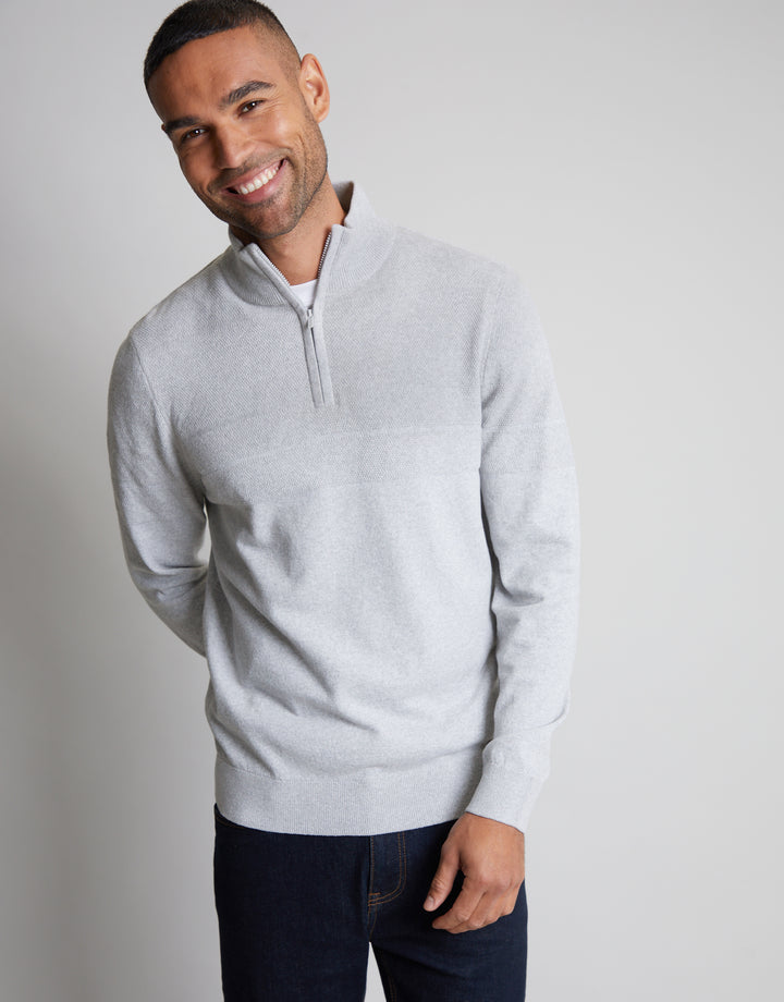 Light Grey Marl Textured Stripe Detail Quarter Zip Jumper