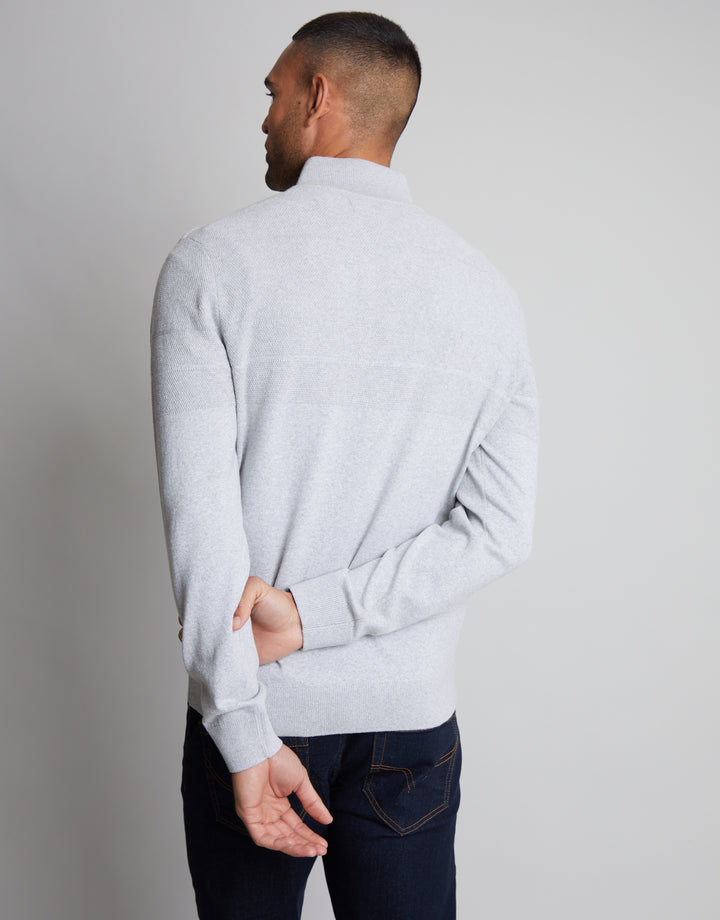 Light Grey Marl Textured Stripe Detail Quarter Zip Jumper