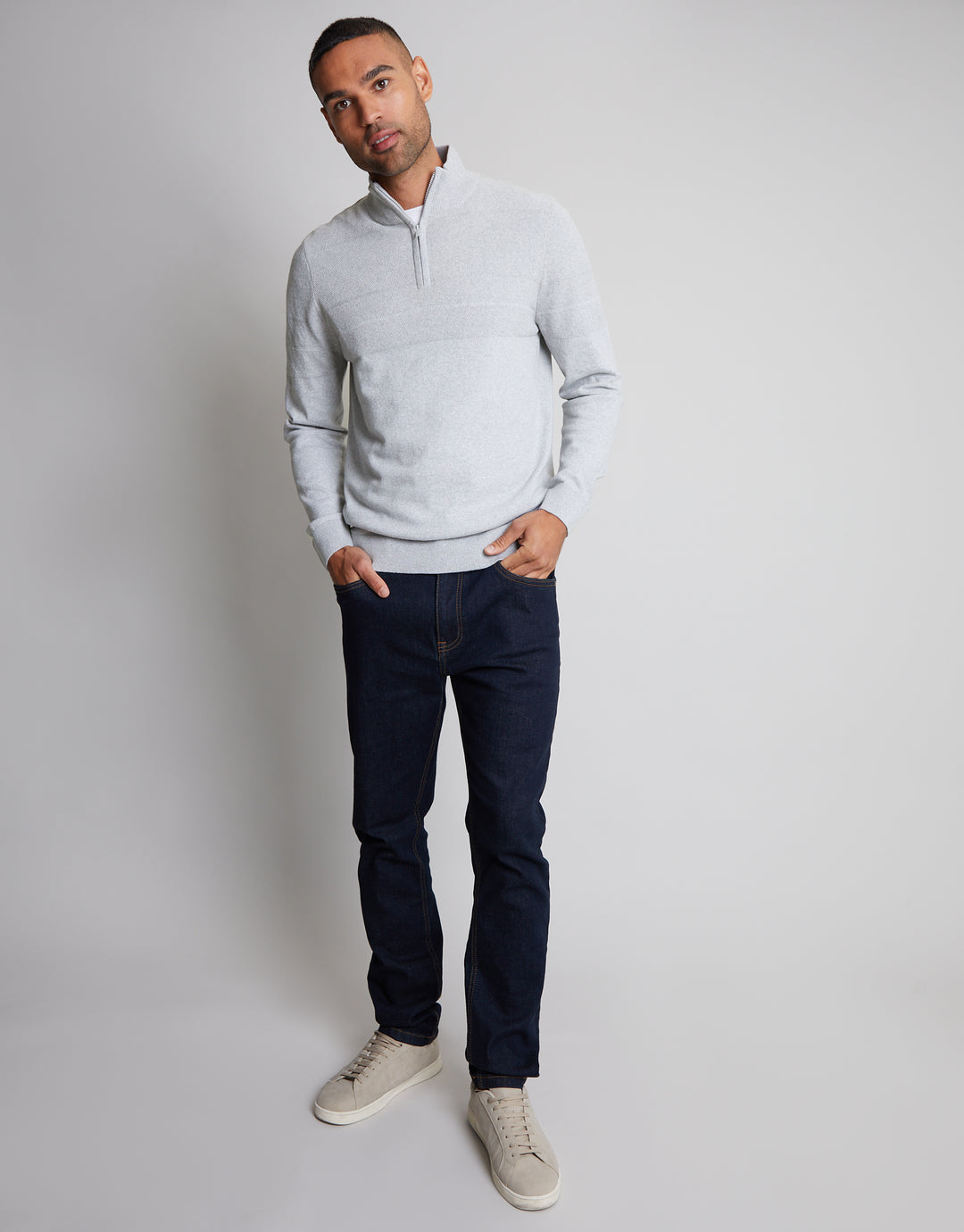 Light Grey Marl Textured Stripe Detail Quarter Zip Jumper