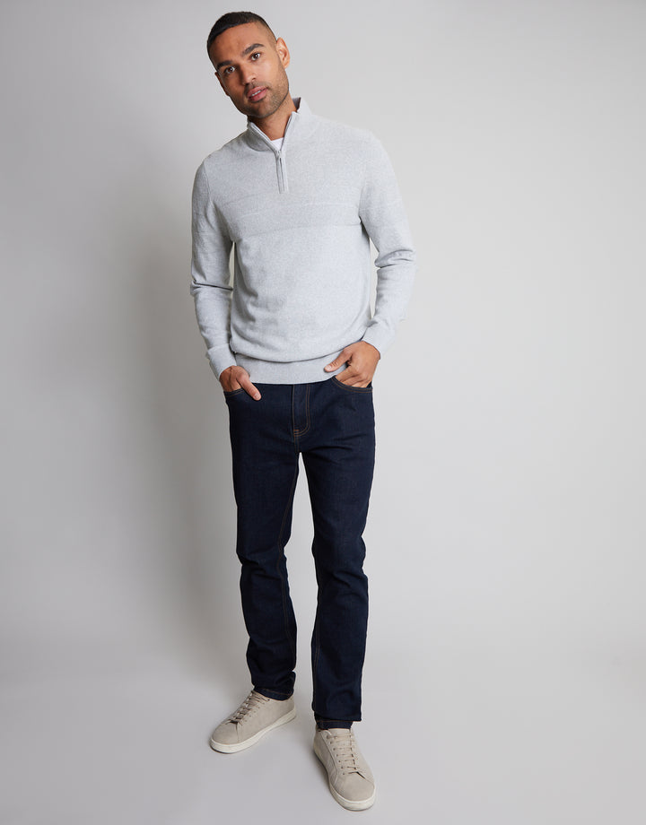 Light Grey Marl Textured Stripe Detail Quarter Zip Jumper