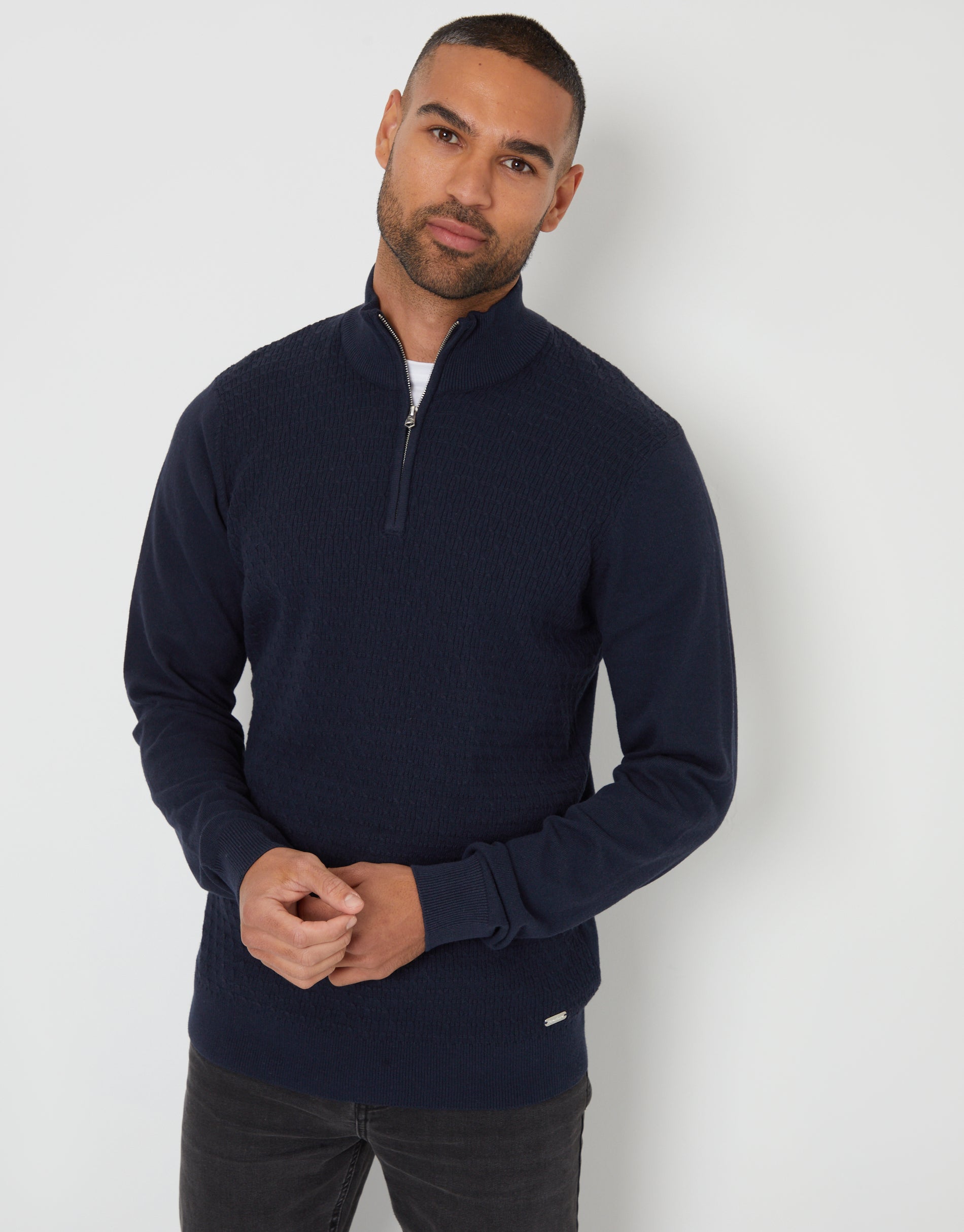 Mini Cable Knit Quarter Zip Jumper in Navy