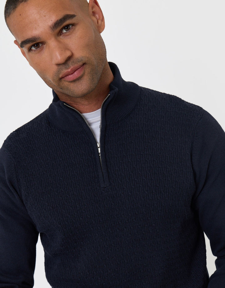 Threadbare Mini Cable Knit Quarter Zip Jumper in Black - close front