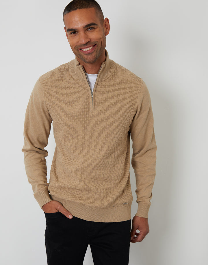 Taupe Mini Cable Knit Quarter Zip Jumper