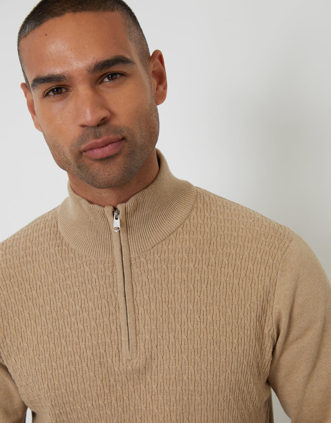 Taupe Mini Cable Knit Quarter Zip Jumper