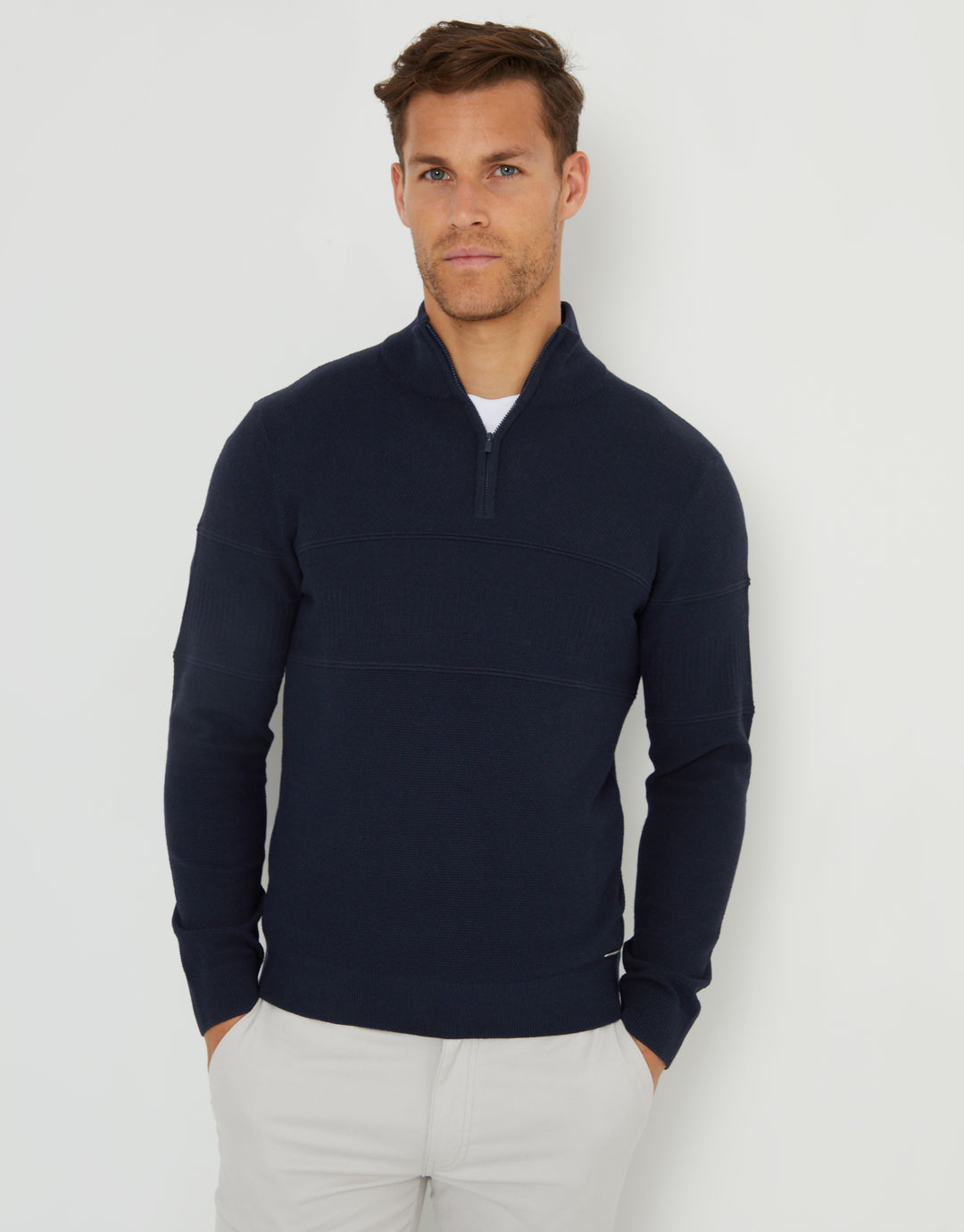 Textured Stripe Detail Knitted Quarter Zip Jumper in Navy