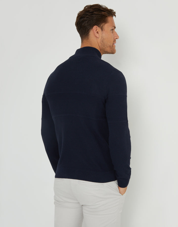Textured Stripe Detail Knitted Quarter Zip Jumper in Navy