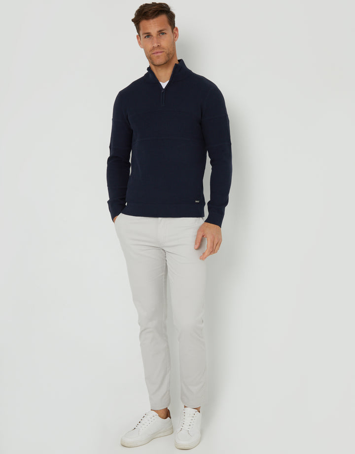 Textured Stripe Detail Knitted Quarter Zip Jumper in Navy