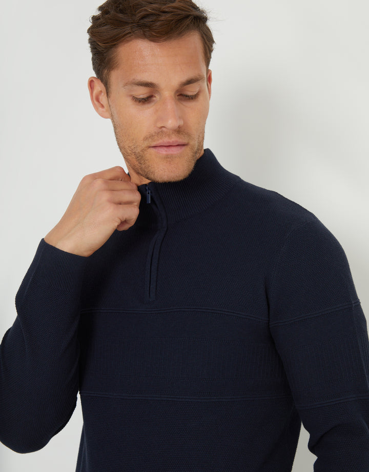 Textured Stripe Detail Knitted Quarter Zip Jumper in Navy