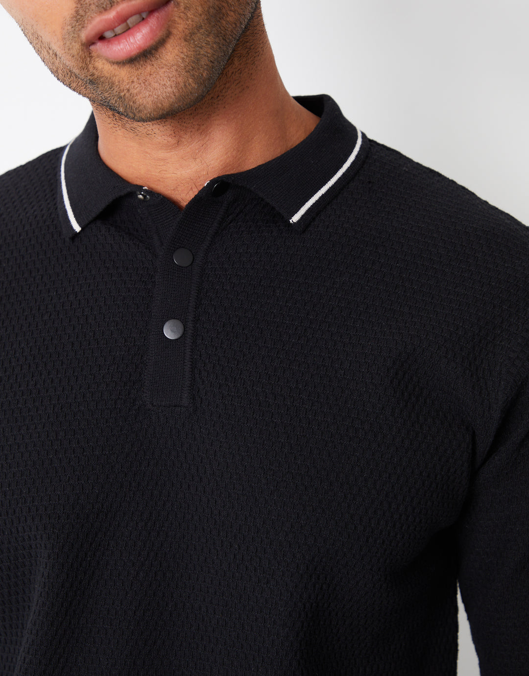 Black Textured Knitted Long Sleeve Polo Jumper