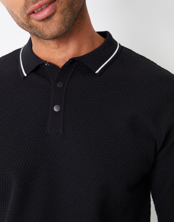Black Textured Knitted Long Sleeve Polo Jumper