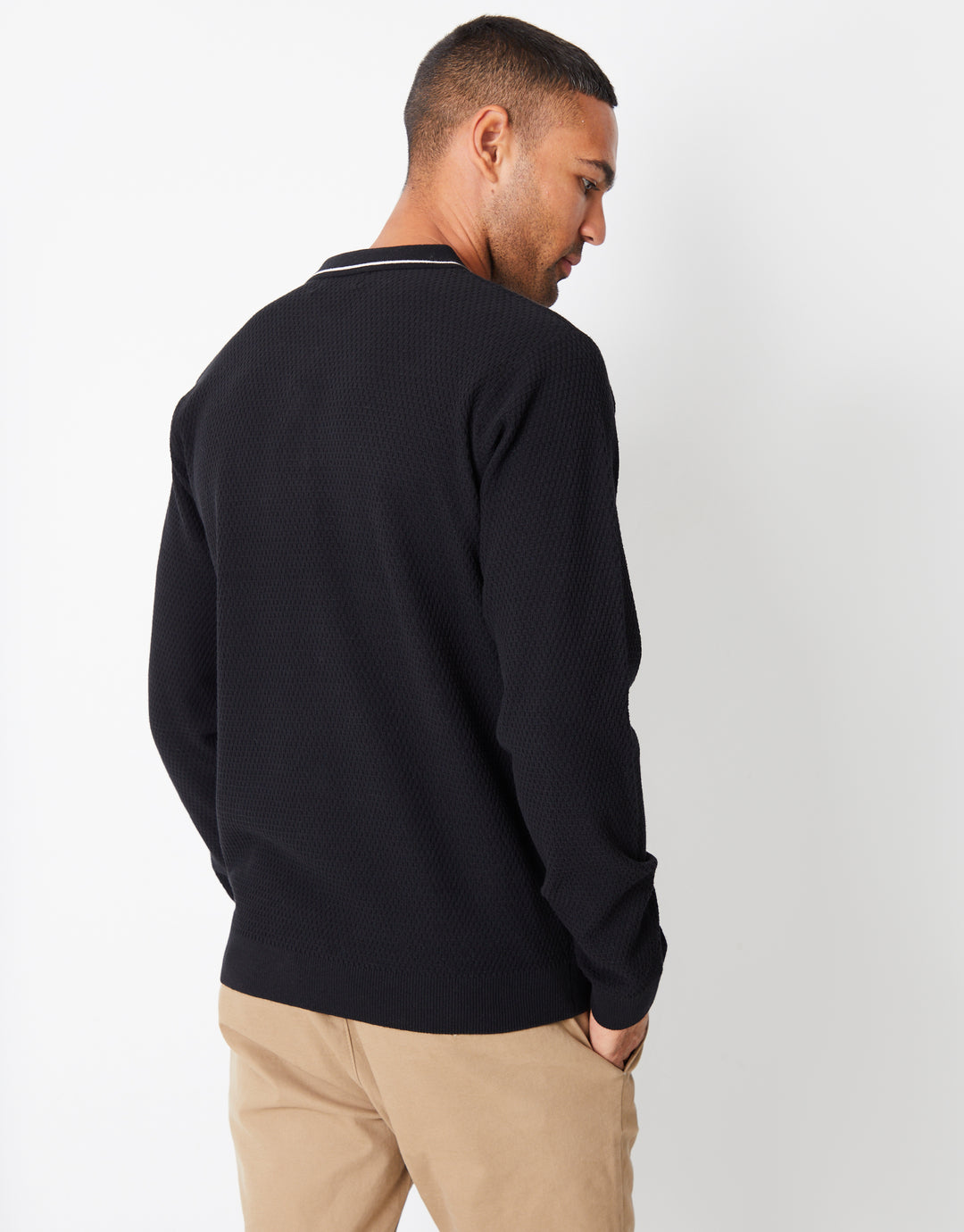 Black Textured Knitted Long Sleeve Polo Jumper