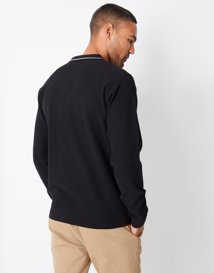 Black Textured Knitted Long Sleeve Polo Jumper