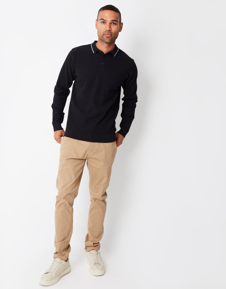 Black Textured Knitted Long Sleeve Polo Jumper