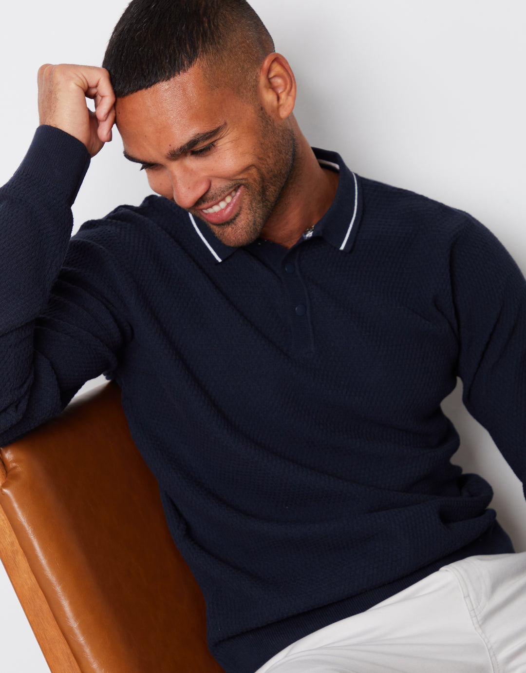 Navy Textured Knitted Long Sleeve Polo Jumper