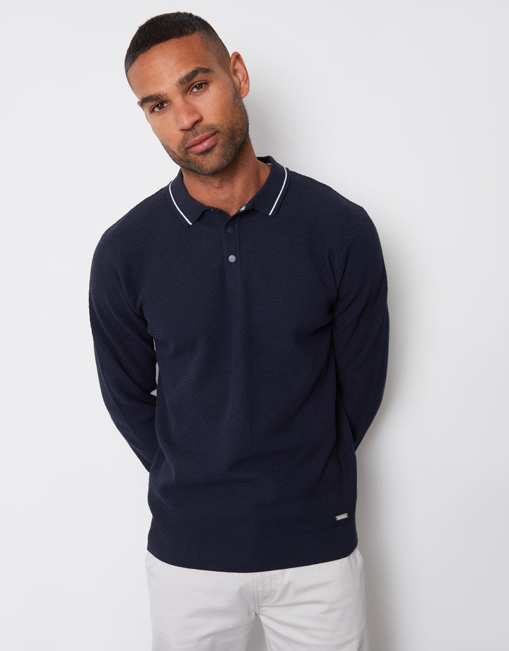 Navy Textured Knitted Long Sleeve Polo Jumper