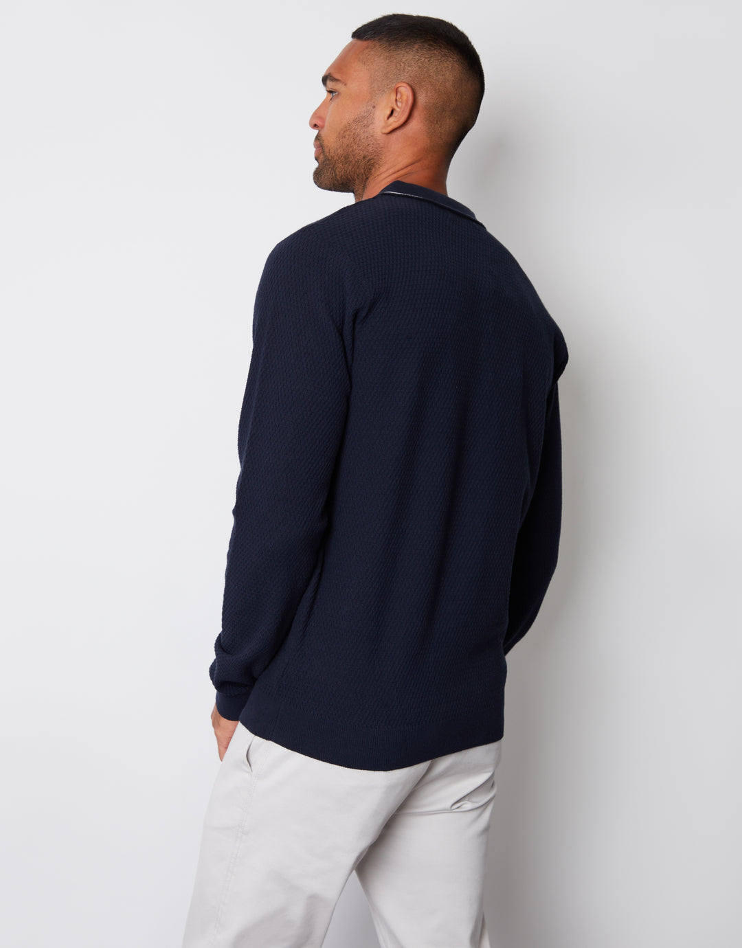 Navy Textured Knitted Long Sleeve Polo Jumper
