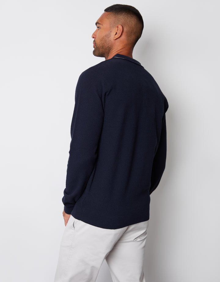 Navy Textured Knitted Long Sleeve Polo Jumper