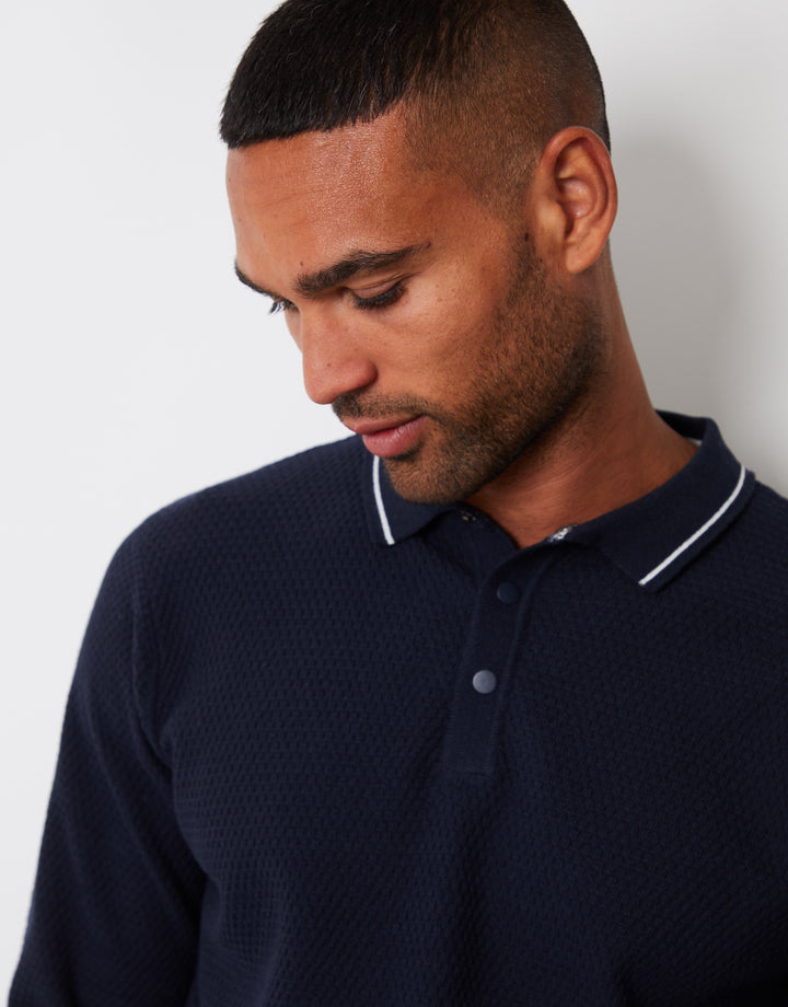 Navy Textured Knitted Long Sleeve Polo Jumper
