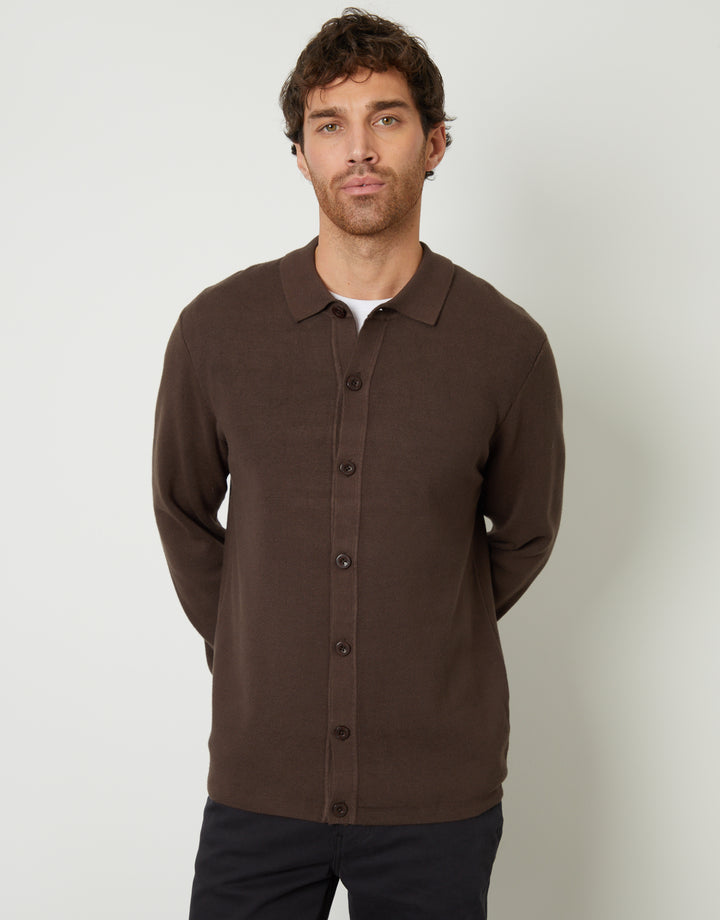 Brown Knitted Button Through Long Sleeve Shirt