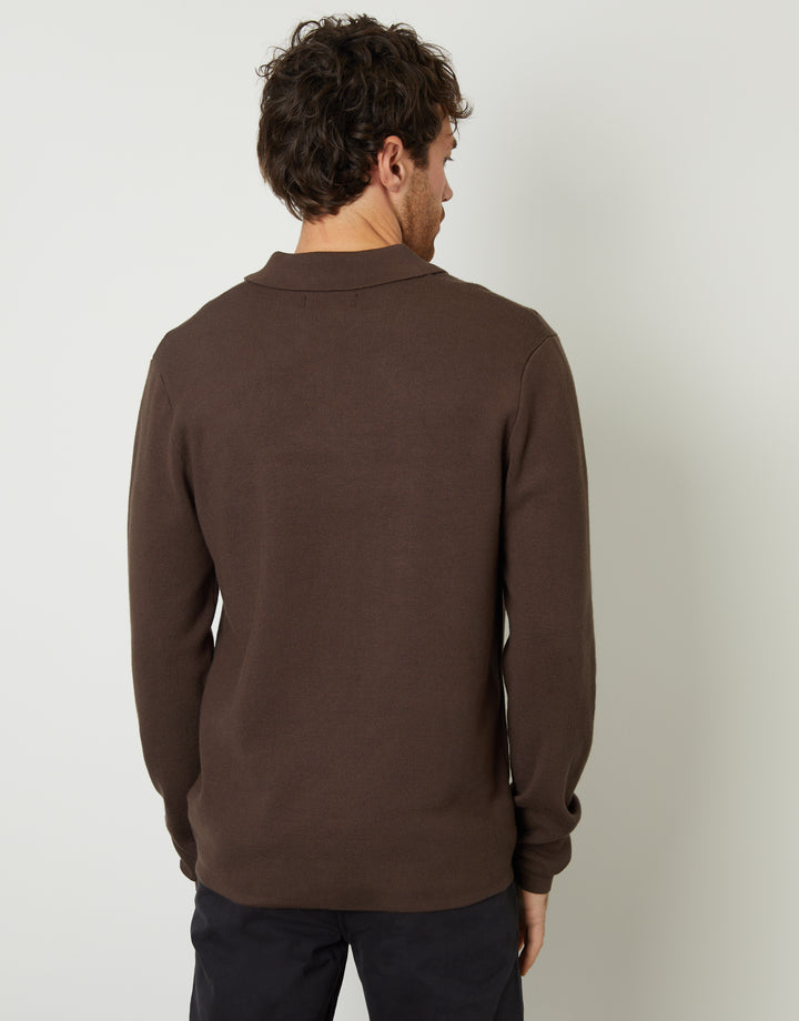 Brown Knitted Button Through Long Sleeve Shirt