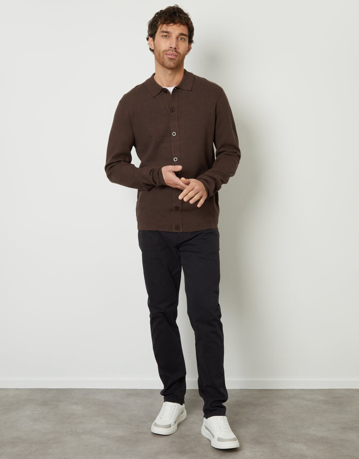 Brown Knitted Button Through Long Sleeve Shirt