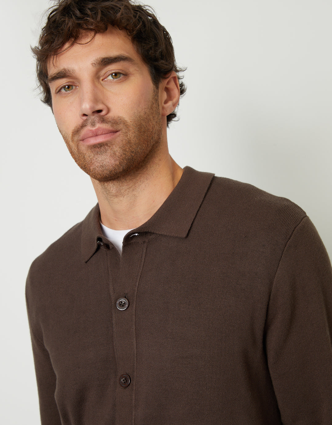 Brown Knitted Button Through Long Sleeve Shirt
