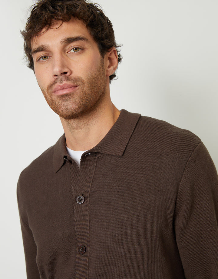 Brown Knitted Button Through Long Sleeve Shirt
