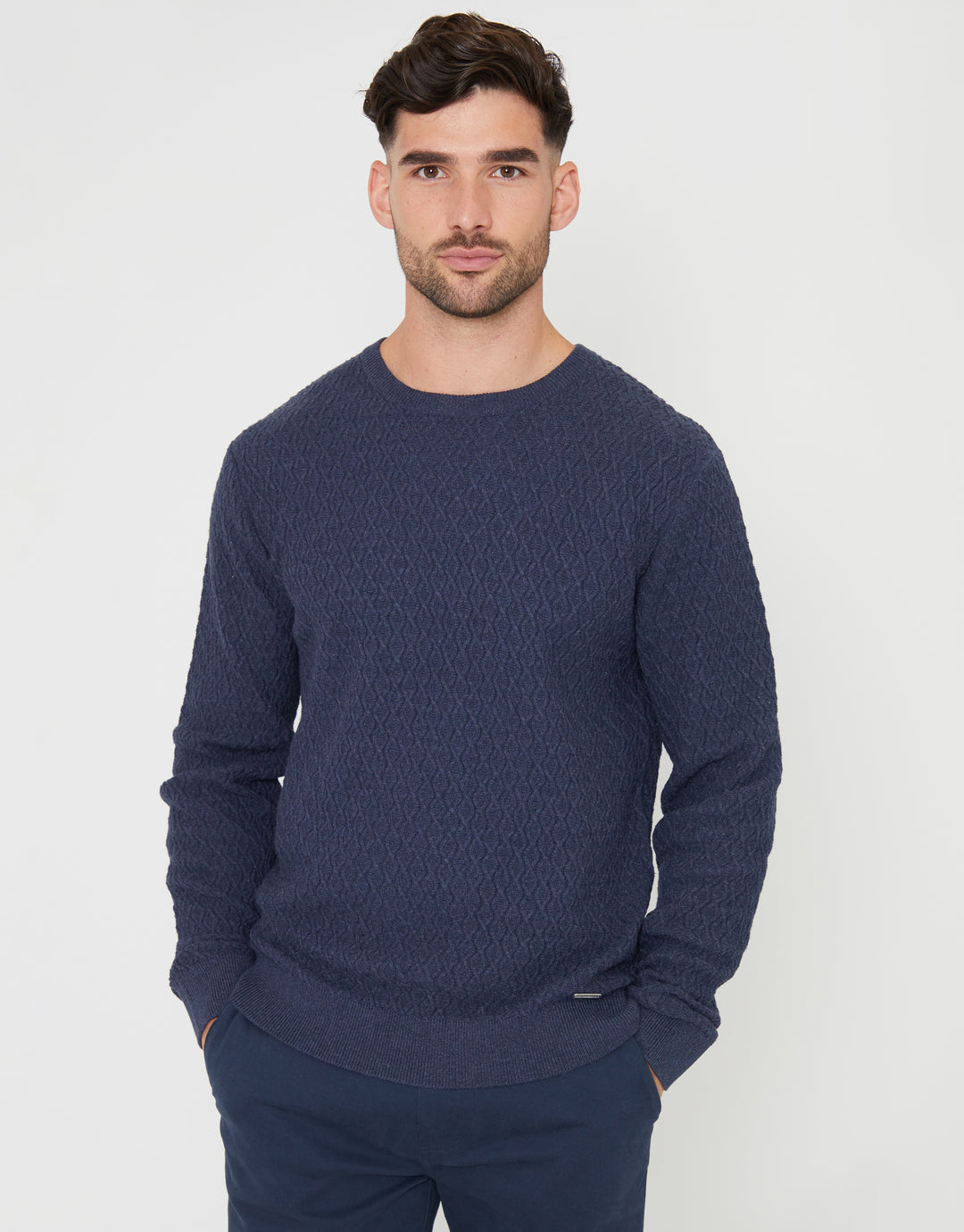 Denim Blue Mini Cable Knit Crew Neck Jumper