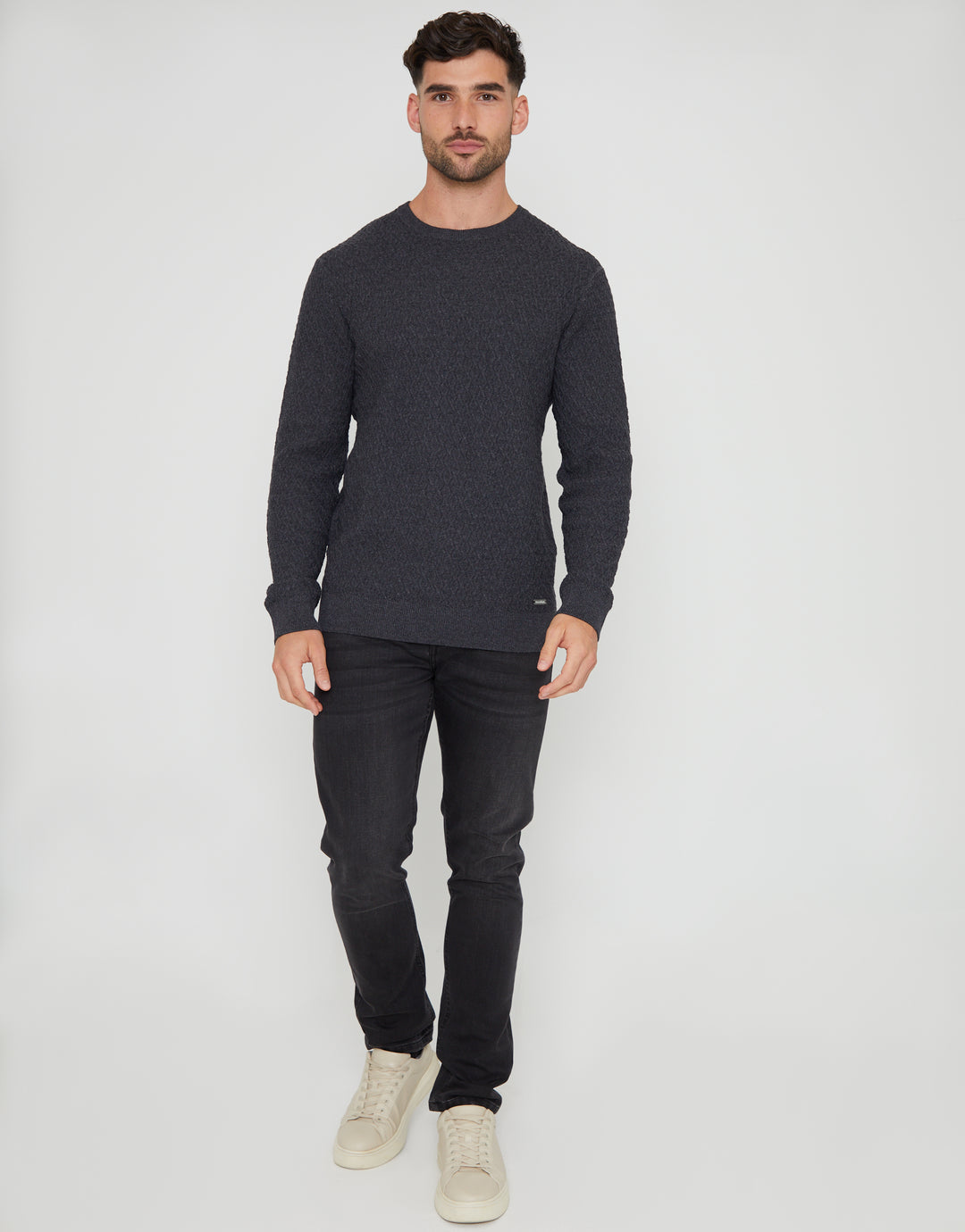 Charcoal Grey Marl Mini Cable Knit Crew Neck Jumper