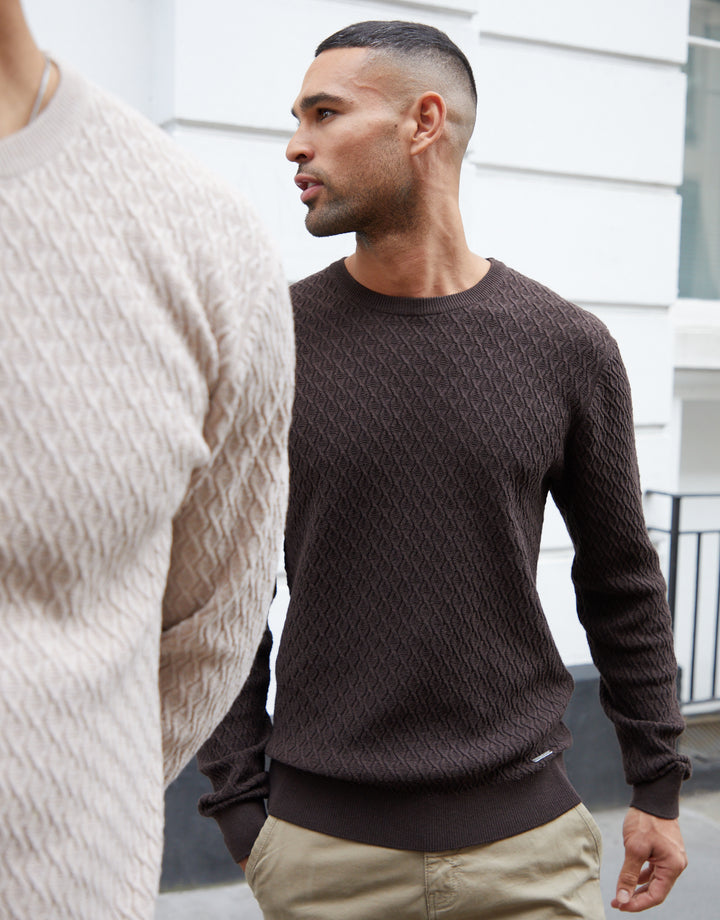 Chocolate Brown Mini Cable Knit Crew Neck Jumper