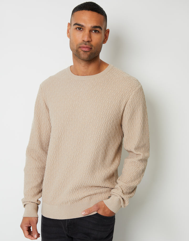 Beige Mini Cable Knit Crew Neck Jumper