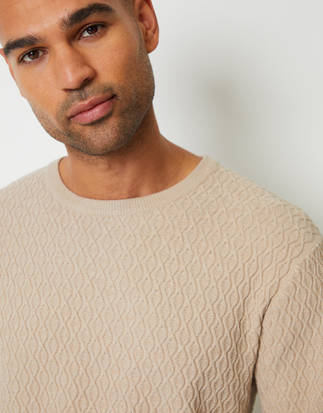 Beige Mini Cable Knit Crew Neck Jumper