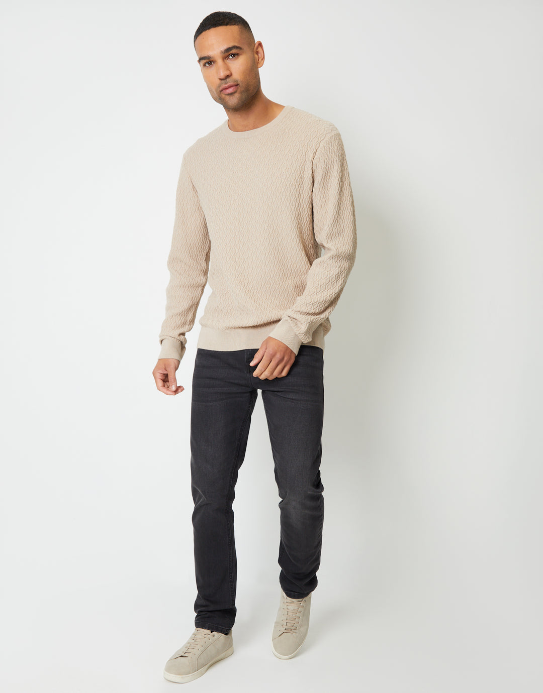 Beige Mini Cable Knit Crew Neck Jumper