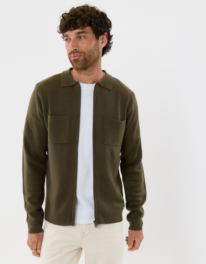 Threadbare Zip-Through Knitted Shacket in Khaki - front view