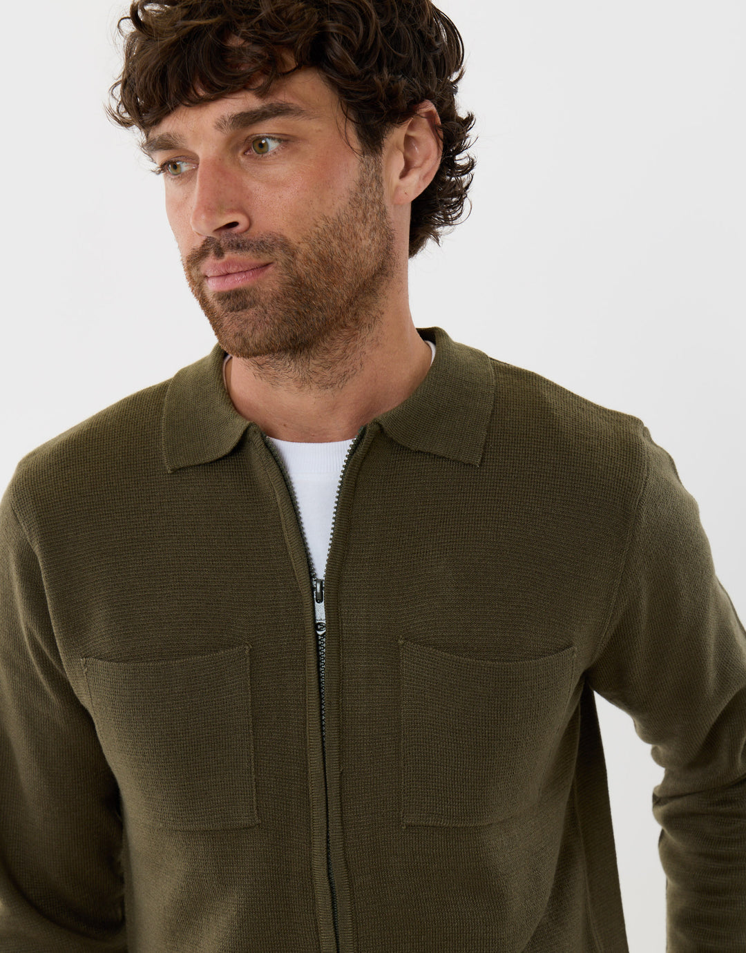 Threadbare Zip-Through Knitted Shacket in Khaki - close up