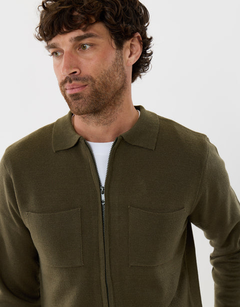 Threadbare Zip-Through Knitted Shacket in Khaki - close up