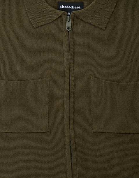 Threadbare Zip-Through Knitted Shacket in Khaki - zip detail