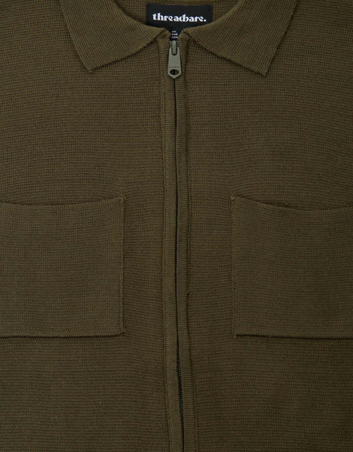 Threadbare Zip-Through Knitted Shacket in Khaki - zip detail
