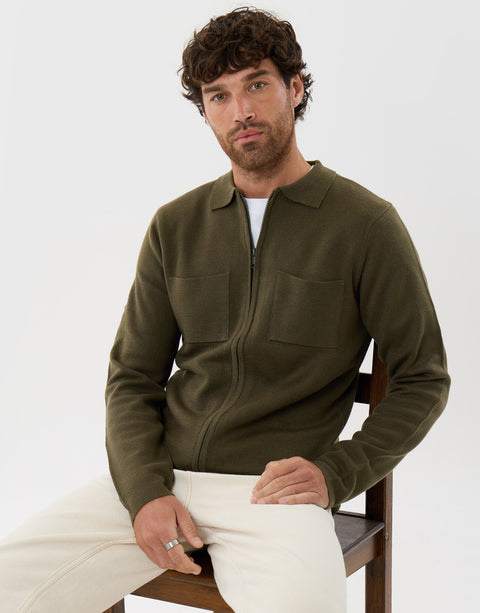Threadbare Zip-Through Knitted Shacket in Khaki - sat down