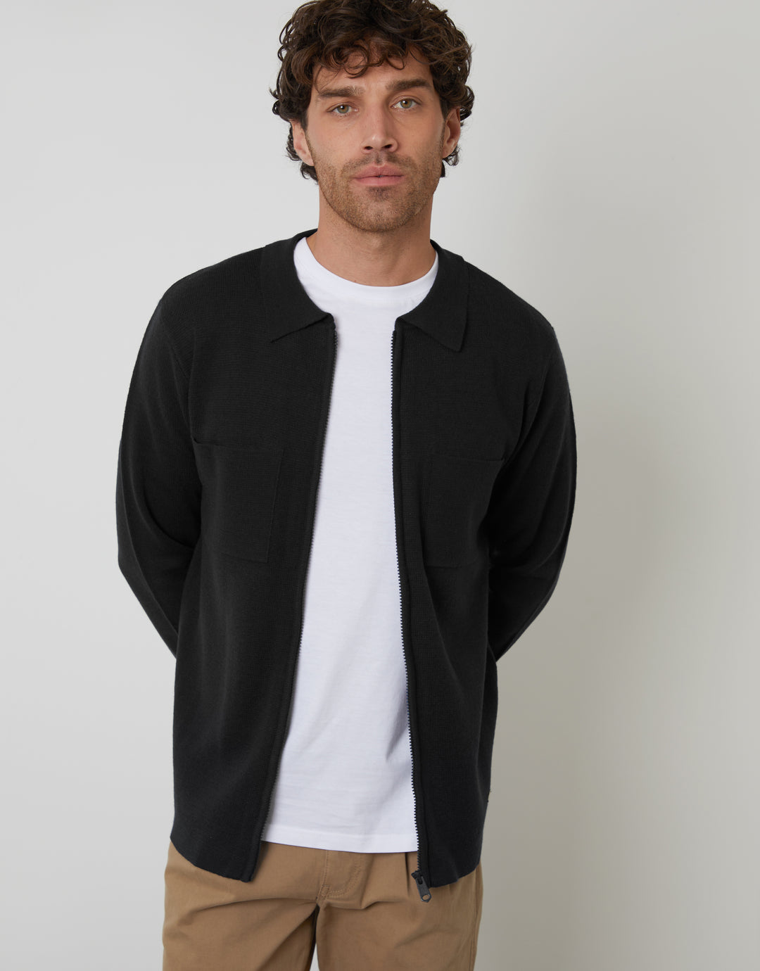 Zip-Through Knitted Shacket in Black