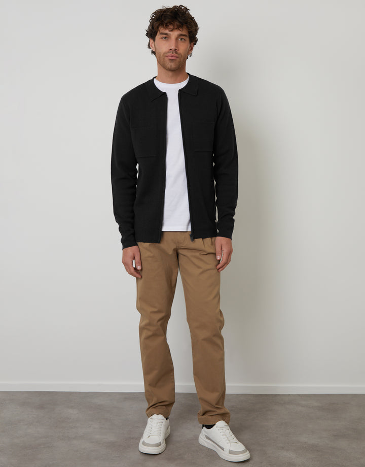 Zip-Through Knitted Shacket in Black
