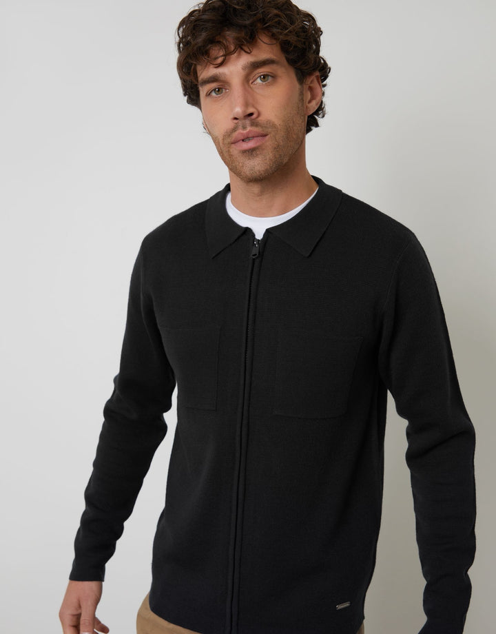 Zip-Through Knitted Shacket in Black