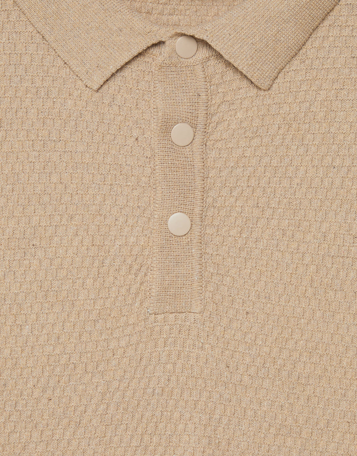 Camel Brown Long Sleeve Popper Fastening Knitted Polo