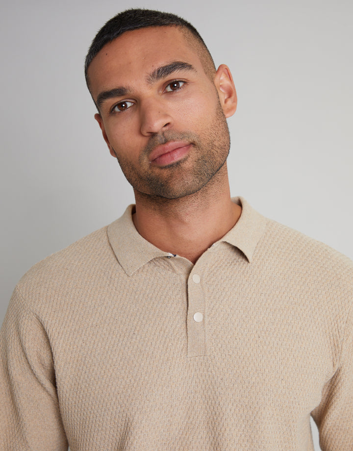 Camel Brown Long Sleeve Popper Fastening Knitted Polo