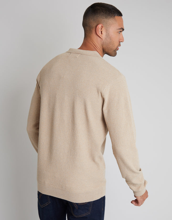 Camel Brown Long Sleeve Popper Fastening Knitted Polo